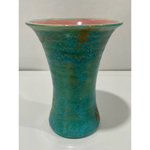 Pisgah Forest Pottery 1950's Trumpet 6.75" Tall Turquoise Gold Vase with Pink - Picture 4 of 14